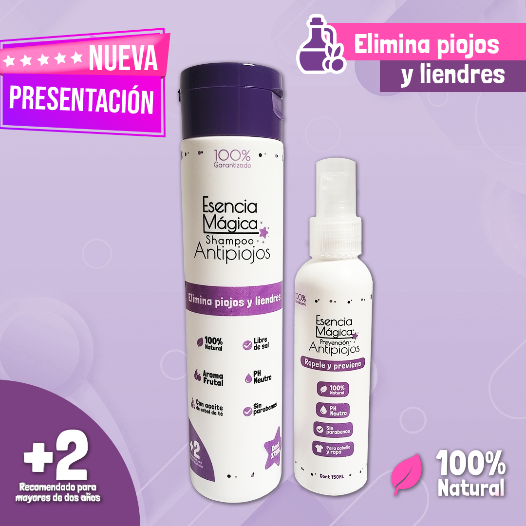 Esencia Mágica Tratamiento Antipiojos, Incluye 1 Shampoo + 1 Spray repelente + 1 Peine